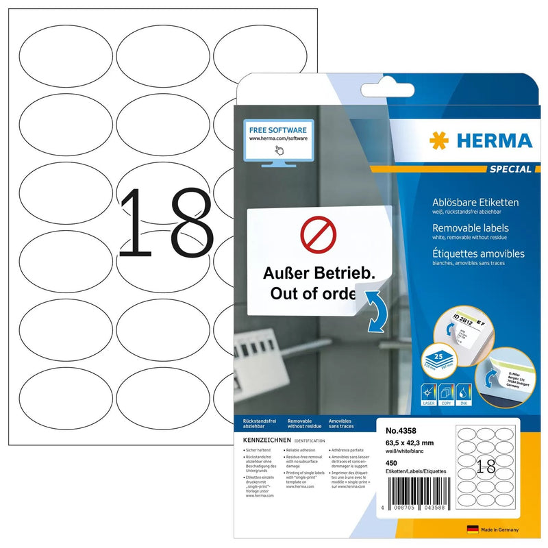 Herma Label . A4 White 63,5X42,3MM Ovalado Desenfundable. Paper 450 Units