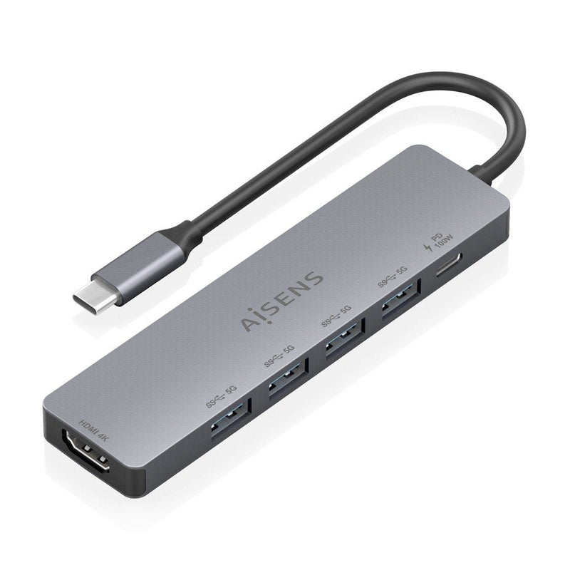 Aisens USB-C Dock 6 1, USB-C a 1x HDMI, 4x USB-A, 1x USB-C Pd 100W, Grey 15CM
