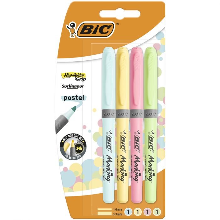 Bic Pack Marcadores Fluorescentes Highlighter Grip Pastel Colours Blue / Yellow / Pink / Green Handle Texturiz