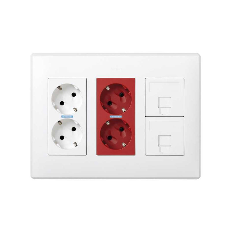 Box With 2 Schukos White + 2 Schukos Rojos + 2 RJ45 500 Cima Surface Or Empotrar White