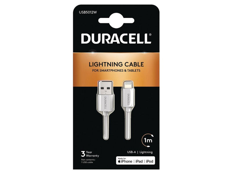 Duracell USB Cable Lightning USB5012W USB Male Lightning Male 1M White