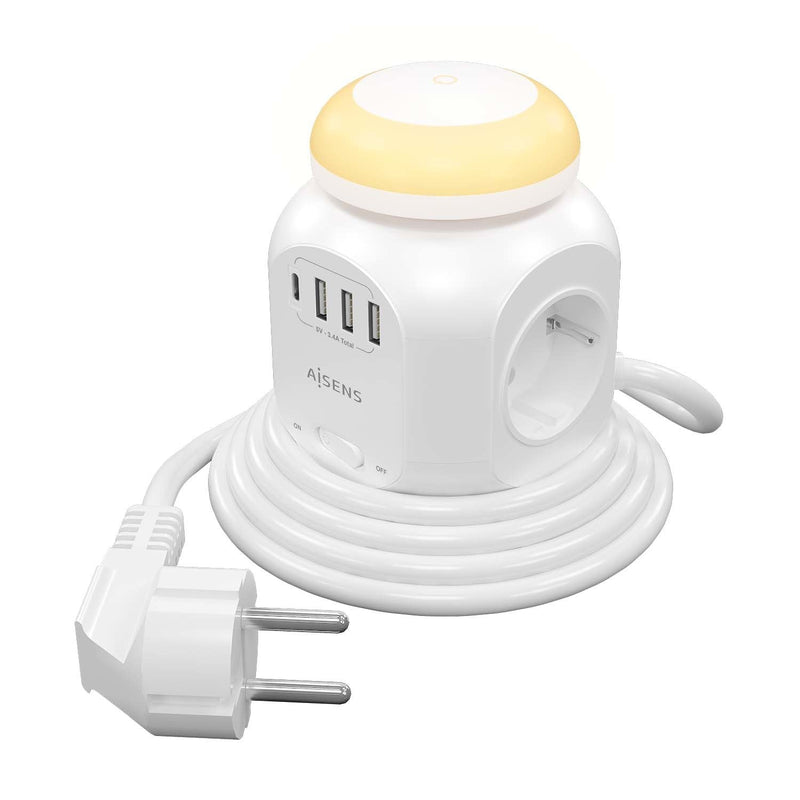 Aisens Power Strip Desktop Multifuncion 4 Sockets + 1x USB-C - 3x USB-A - Light Night - 1.80M - White