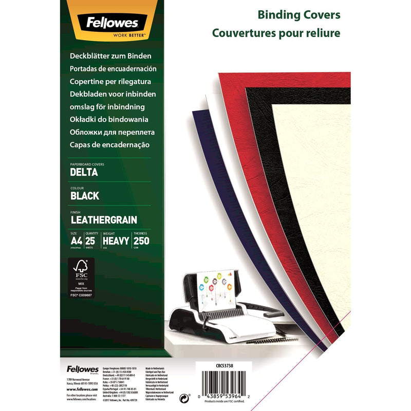 Fellowes Pack 25 Portadas Carton Simil Leather Delta Leather A4 - 250 Gr - Colour Black