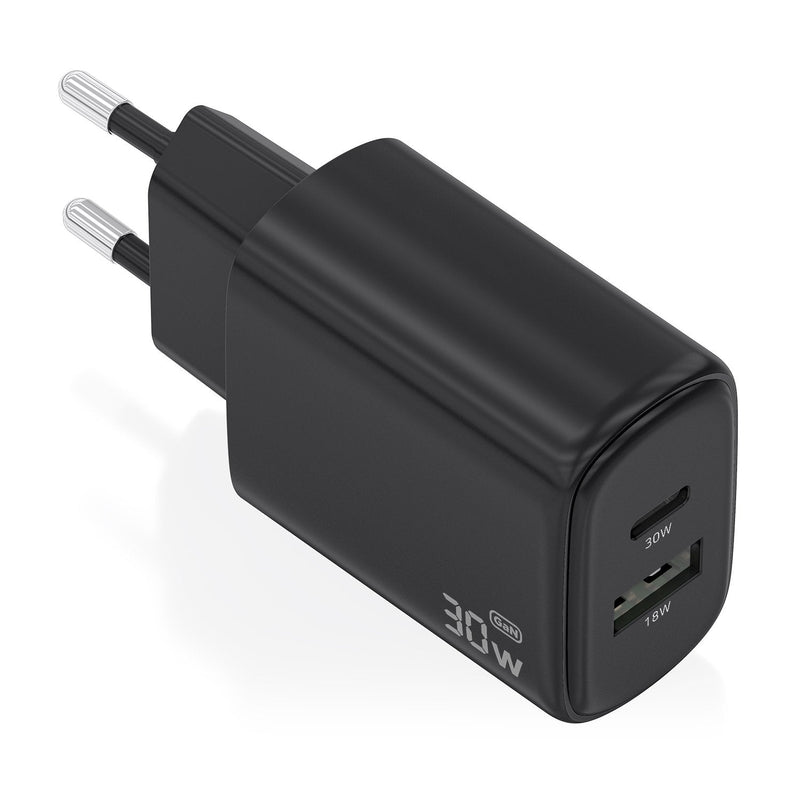 Aisens Charger GaN 30W, 1x USB-C PD 3.0 QC4.0, 1x USB-A QC3.0, Black