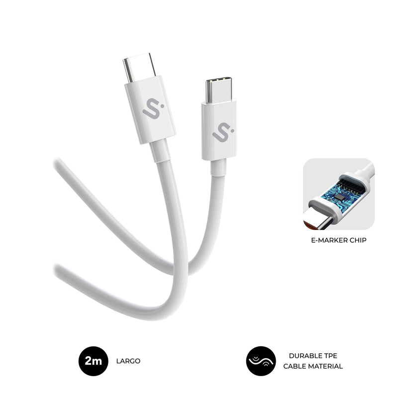 Subblim Cable Plus 100W USB-C/USB-C 2M White 100W/ Length 2M/ USB-C &harr, USB-C/ PD 3.0 And Qc 3.0