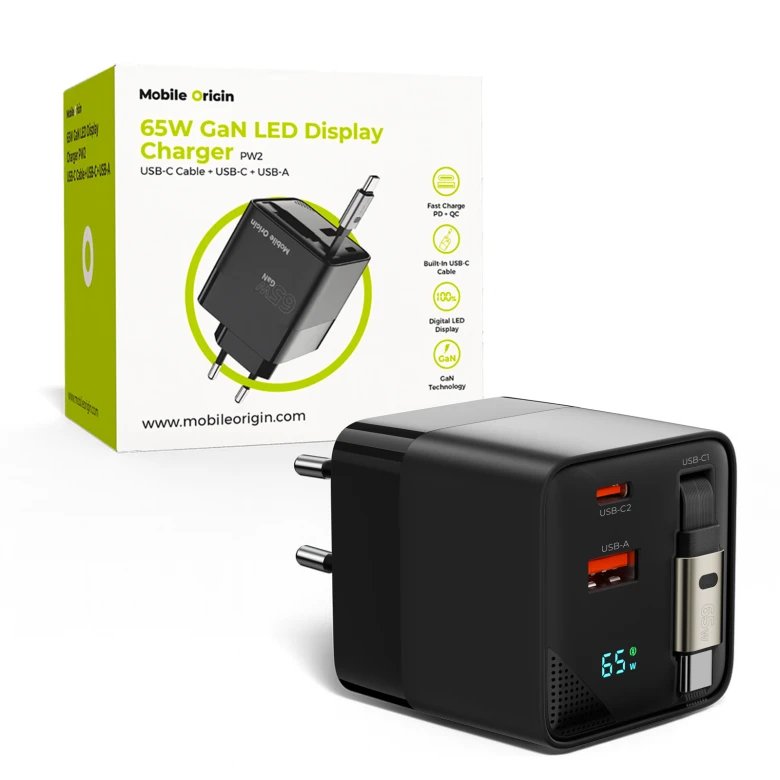 Mobile Origin 65W GaN Charger USB-C Retra. Cable + USB-A 75CM