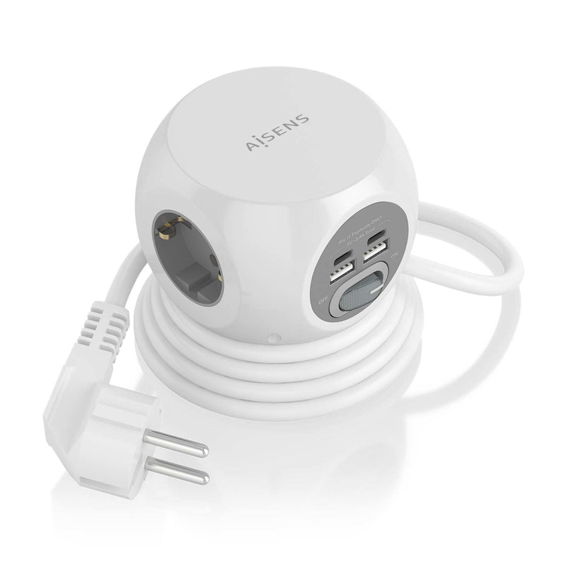 Aisens Power Strip Plugs Desktop Multifuncion With 3 Sockets + 2x USB-C, 2x USB-A, 1.4M, White