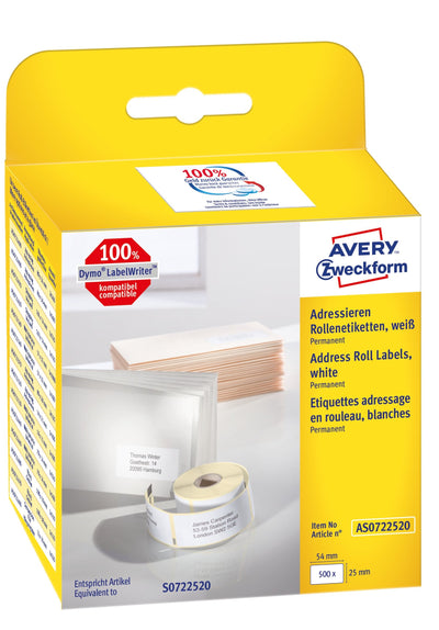 Avery Zweckform Roll Labels Printer Labels AS0722520 White 54,0 X 25,0MM, 1 X 500 Labels — image 1