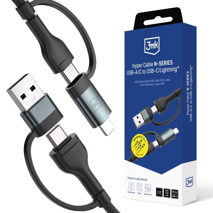 3MK Cable Hyper N-series 2 In 2A C To C Lightning 1.2M Qc 3.0 20V 3A 60W Black