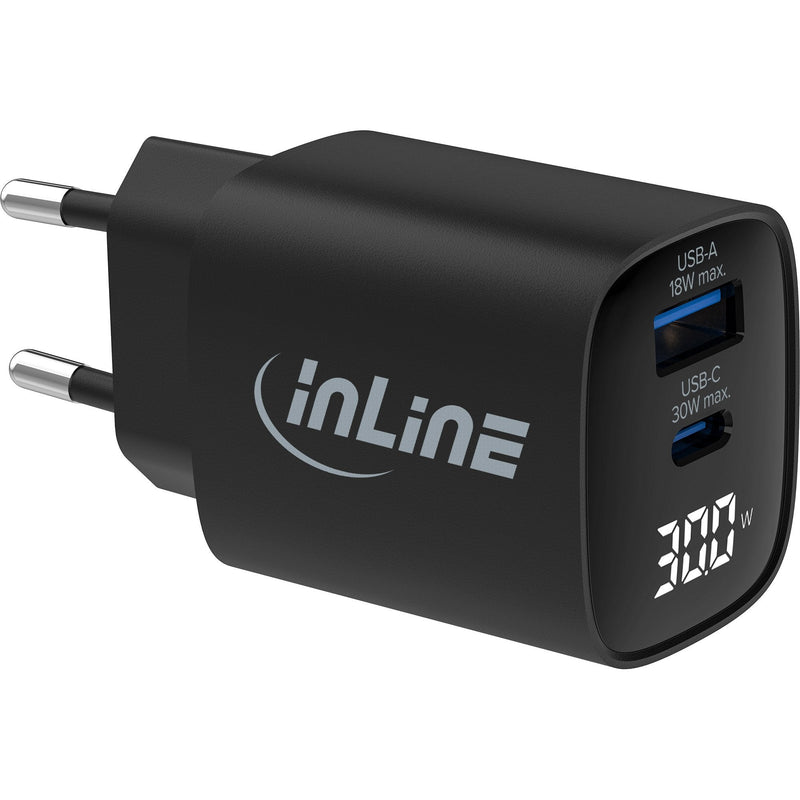 Inline® USB Pd Power Supply, GaN Charger, 2-PORT, USB-C + Usb-a, 30W, W/ Display
