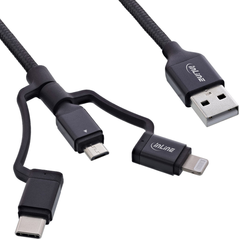 Inline USB Cable 3 1 , USB Am a Micro-usb + USB Type-c + Lightning, Black/Aluminium 1,5M With Certificación Mf