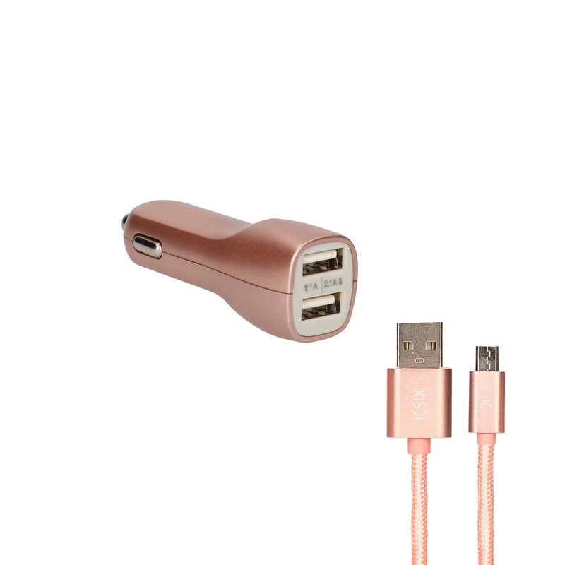 Ksix Car Charger Metalizado 2x USB 2.1A + Cable Micro-usb Pink Gold