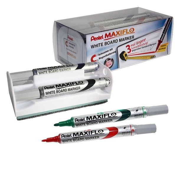 Pentel Maxifló Set Borrador Magnetic Whiteboard White + 4 Markers Colours