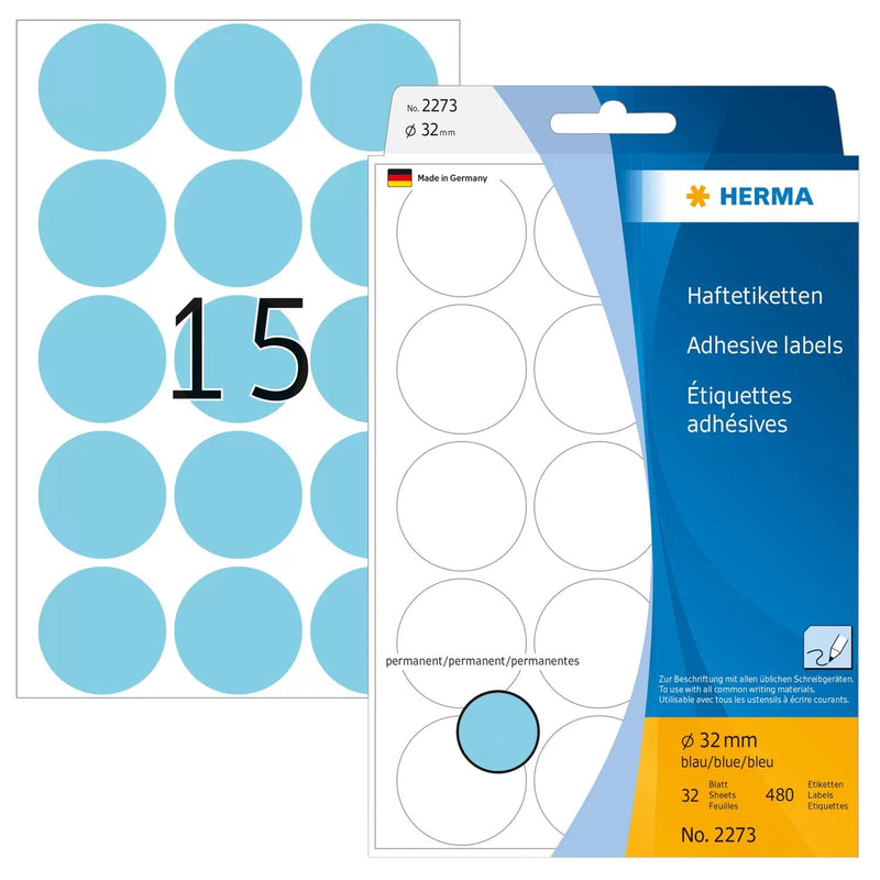Herma Adhesive Labels Blue 32MM 32 Sheets 111X170 480 Pcs. 2273 Labels