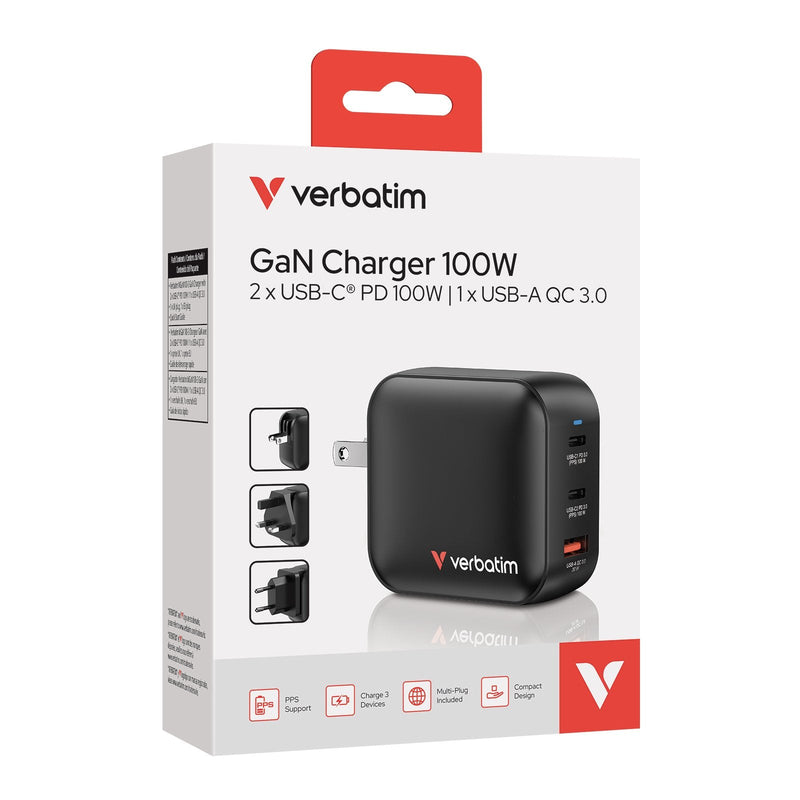 Verbatim GaN Charger 100W Universal Black Power Alterna Charging Fast Indoor