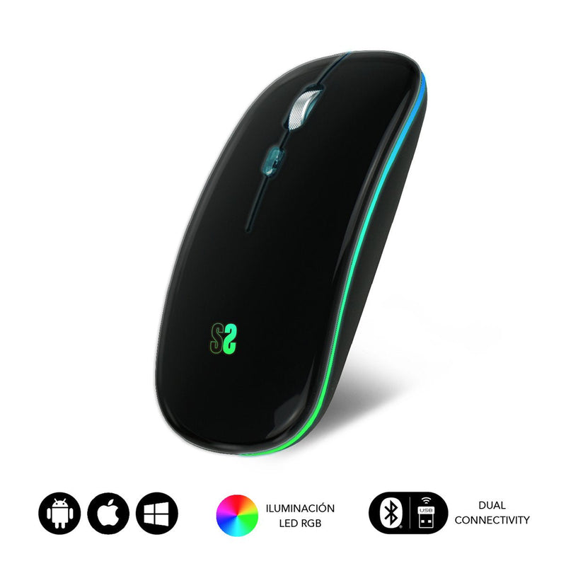 Subblim Mouse Optico Wireless Bluetooth RGB Dual Flat Black Up To 1600DPI/ Connection Dual/ Bluetooth/ RF/ Sil