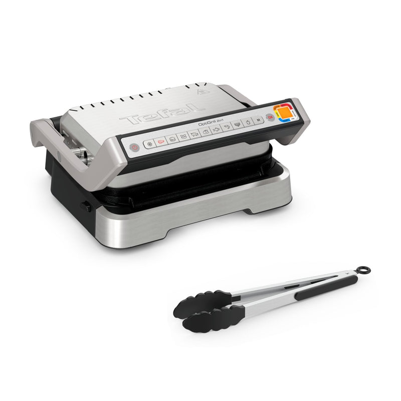 Tefal Optigrill 2IN1 GC773D Parrilla Contact Acero Inoxidable, 2.100 Watts Con Pinzas Parrilla GC773D10