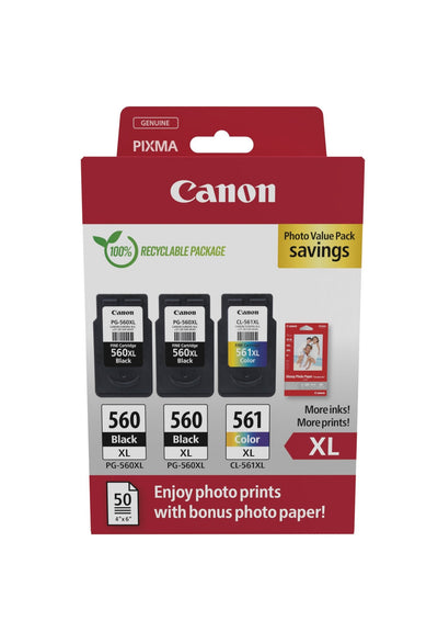 Canon PG-560XL/CL-561XL Pack 3 Cartridges Ink Originales + Paper Fotografico Glossy GP-501 - 3712C012 — image 1