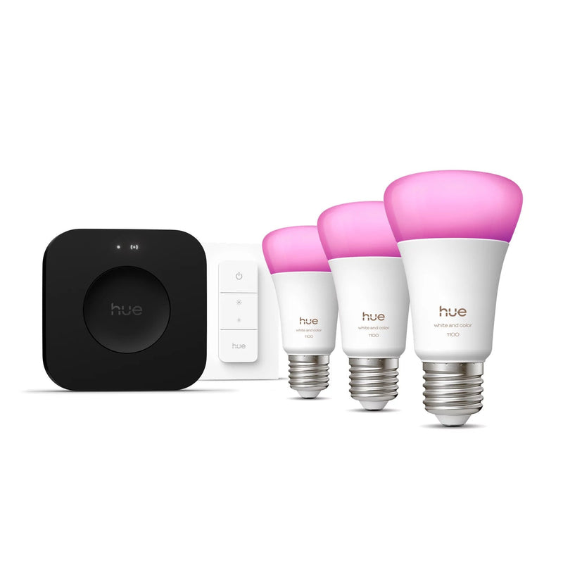 Philips Hue Blanco Y Color Ambiance Kit Inicio: 3 Bombillas Inteligentes E27 + Regulador Intensidad + Hue Bridge