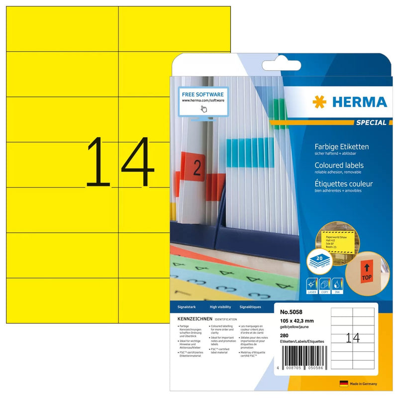 Herma Labels A4 Yellow 105X42,3MM Paper Matte 280 Units