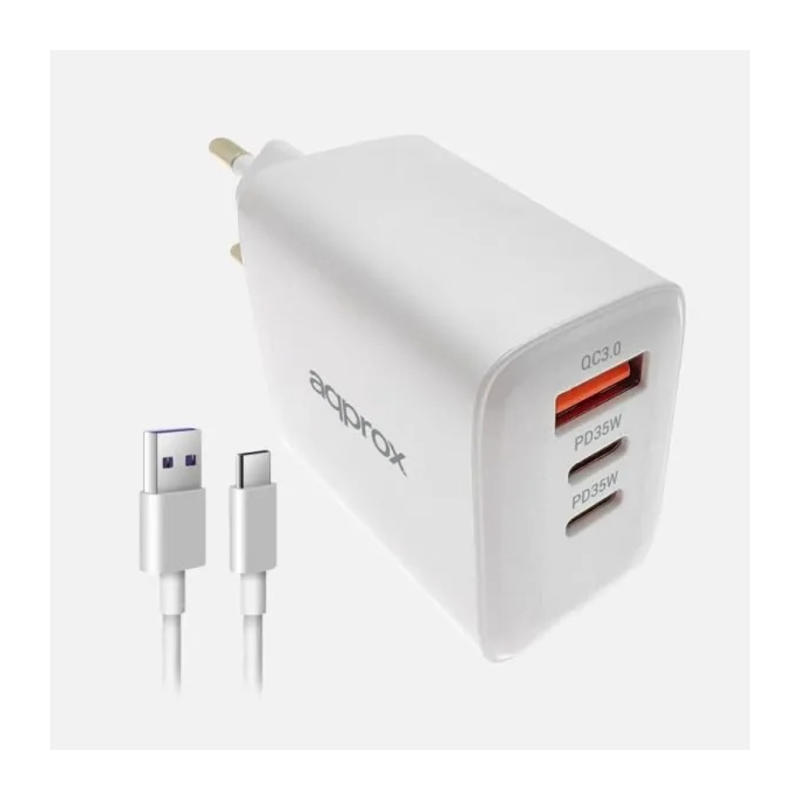 Approx Charger USB Travel/Wall USB/2x USB-C + USB Cable -a a USB-C 35W White