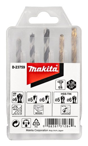 Makita Set Of Drill Bits 1/4, 5 Pieces D-23759