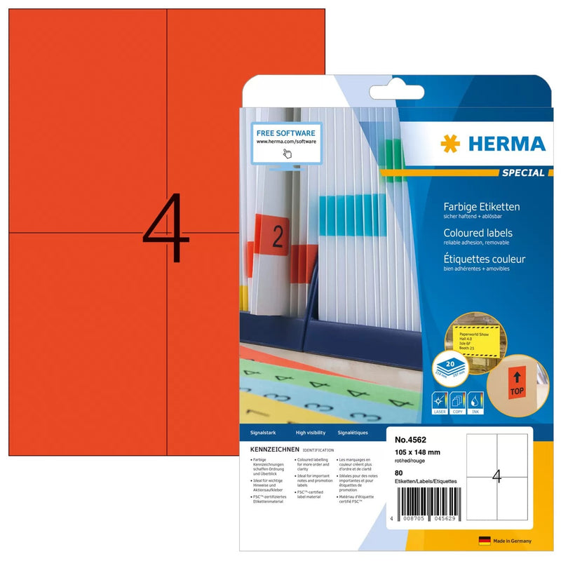 Herma Labels A4 Red 105X148MM Paper Matte Removible 80 Pieces