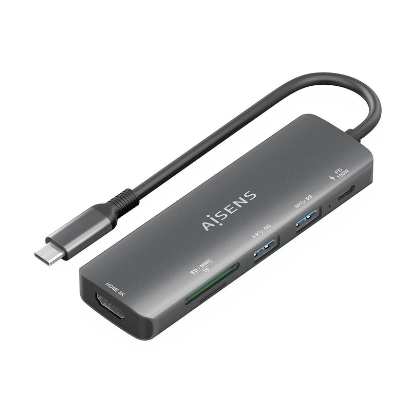 Aisens USB-C Dock 6 1, USB-C a 1x HDMI, 2x USB-A, 1x USB-C Pd 100W, 1XSD, 1XMICRO Sd, Grey 15CM