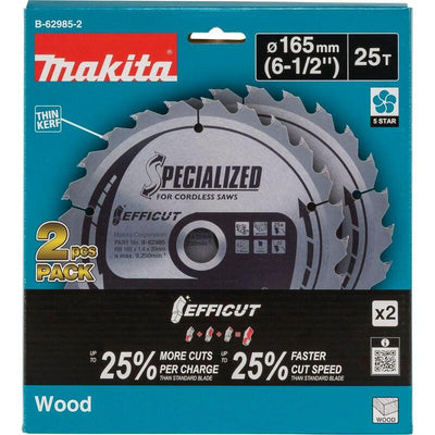 Makita Hoja Saw Circular Effiut B-62985-2, Ø 165MM, 25Z 2 Pieces Diámetro 20MM, Sierras Inalámbricas B-62985-2 — image 1